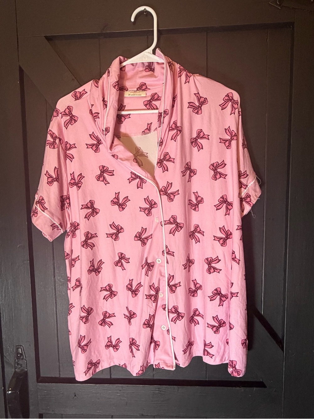 Bobbie Brooks Pink Short-Sleeve Button Front Pajama Top with Dark Pink Bow Print
